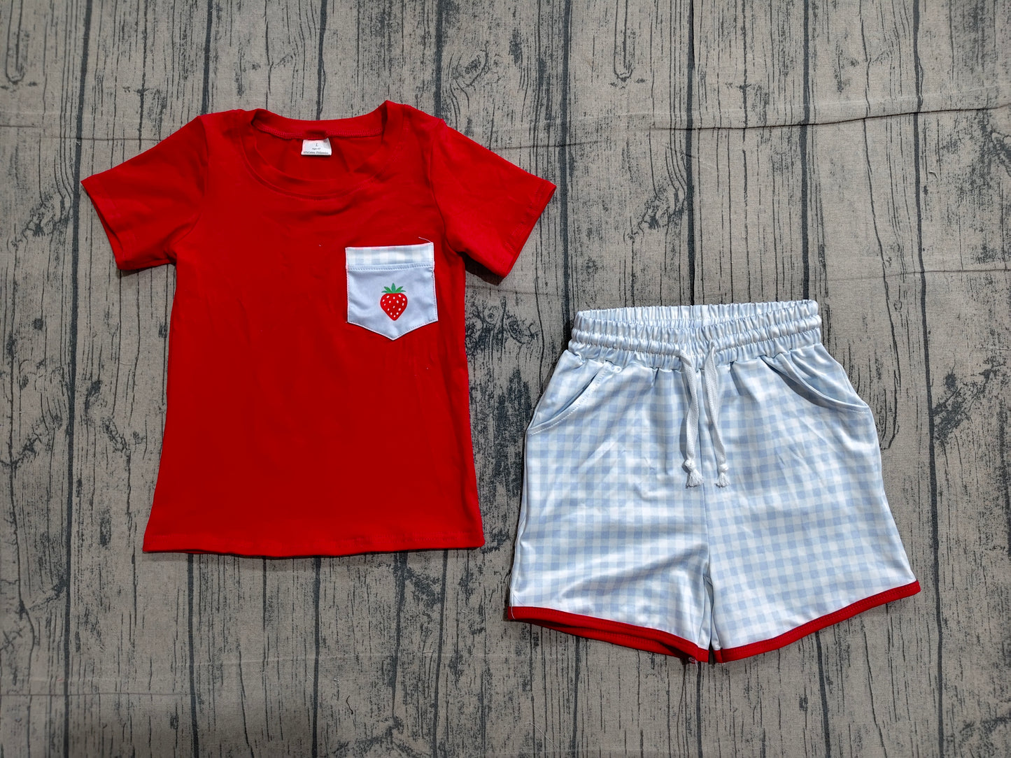 BSSO1692 Preorder Sample Baby Boys Strawberry Top Checked Pockets Shorts Clothes Sets