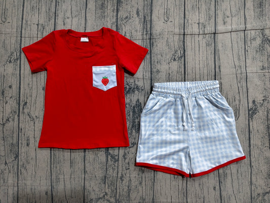BSSO1692 Preorder Sample Baby Boys Strawberry Top Checked Pockets Shorts Clothes Sets