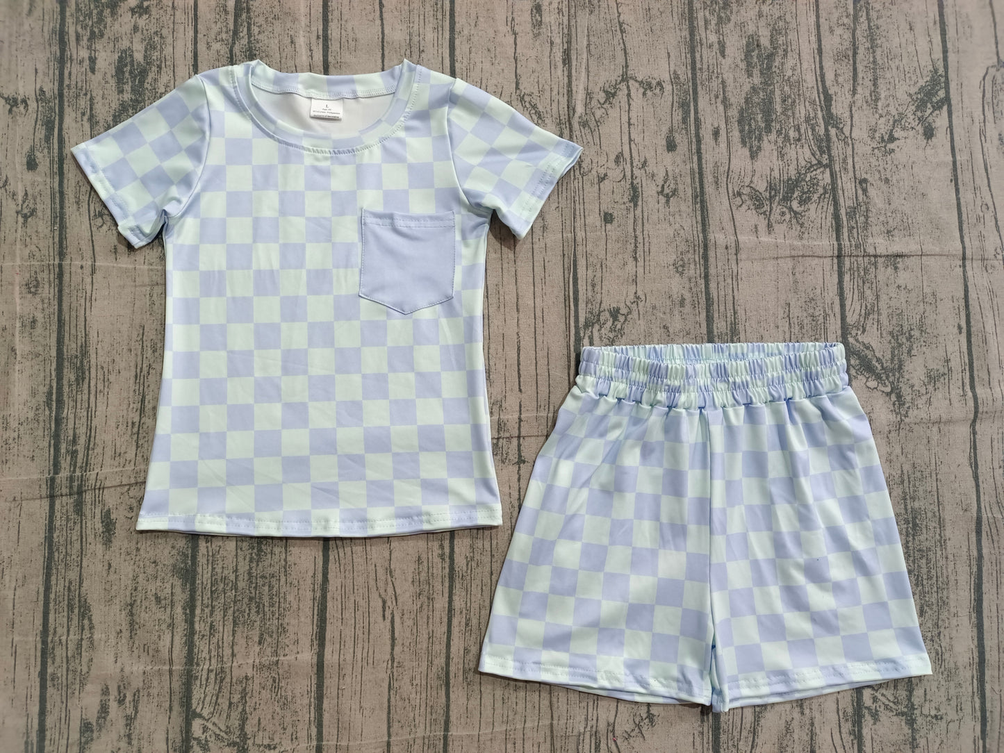 BSSO1753 Preorder IRL Baby Boy Blue Checked Pocket Top Shorts Pajamas Sets