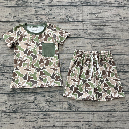 BSSO1792 Preorder Sample Baby Boy Southern Green Deer Camo Pocket Top Shorts Hunting Clothes Sets