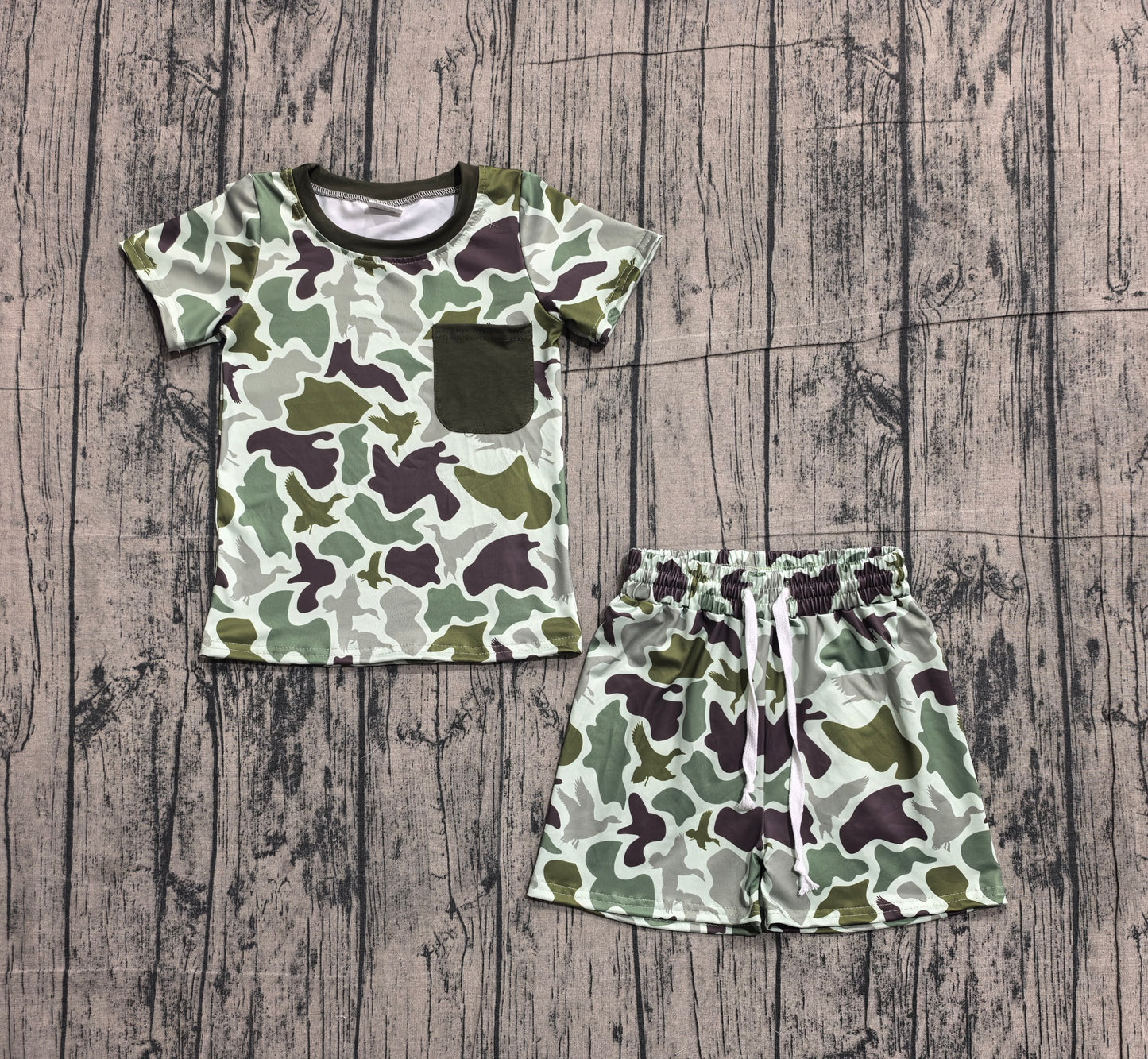 BSSO1793 Preorder Sample Baby Boys Southern Green Ducks Camo Pocket Top Shorts Hunting Clothes Sets