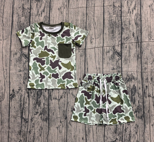 BSSO1793 Preorder Sample Baby Boys Southern Green Ducks Camo Pocket Top Shorts Hunting Clothes Sets