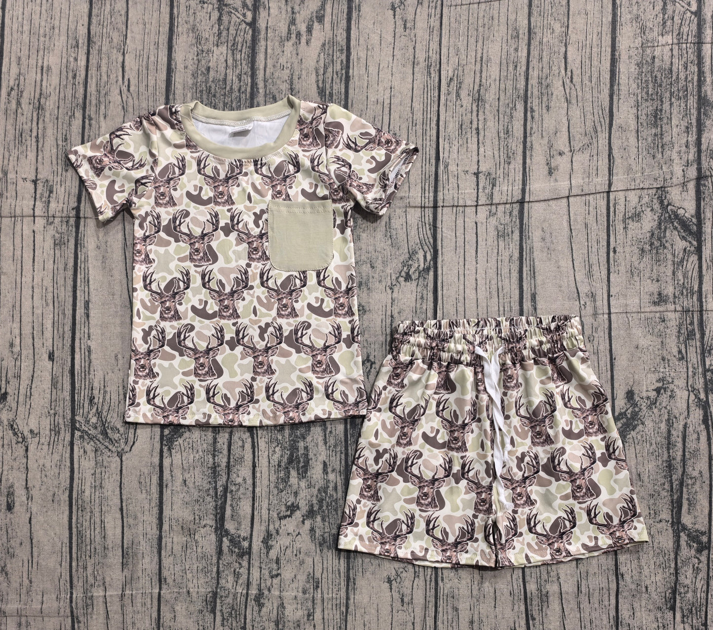 BSSO1794 Preorder Sample Baby Boy Southern Khaki Deer Camo Pocket Top Shorts Hunting Clothes Sets