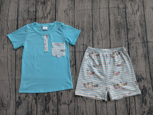 BSSO1802 Preorder Sample Baby Boy Blue Button Pockets Top Ducks Stripe Shorts Hunting Clothes Sets