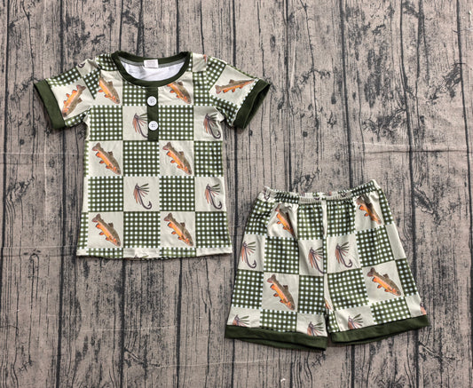 BSSO1817 Preorder Sample Baby Boys Olive Checked Fishing Button Top Shorts Hunting Pajamas Sets
