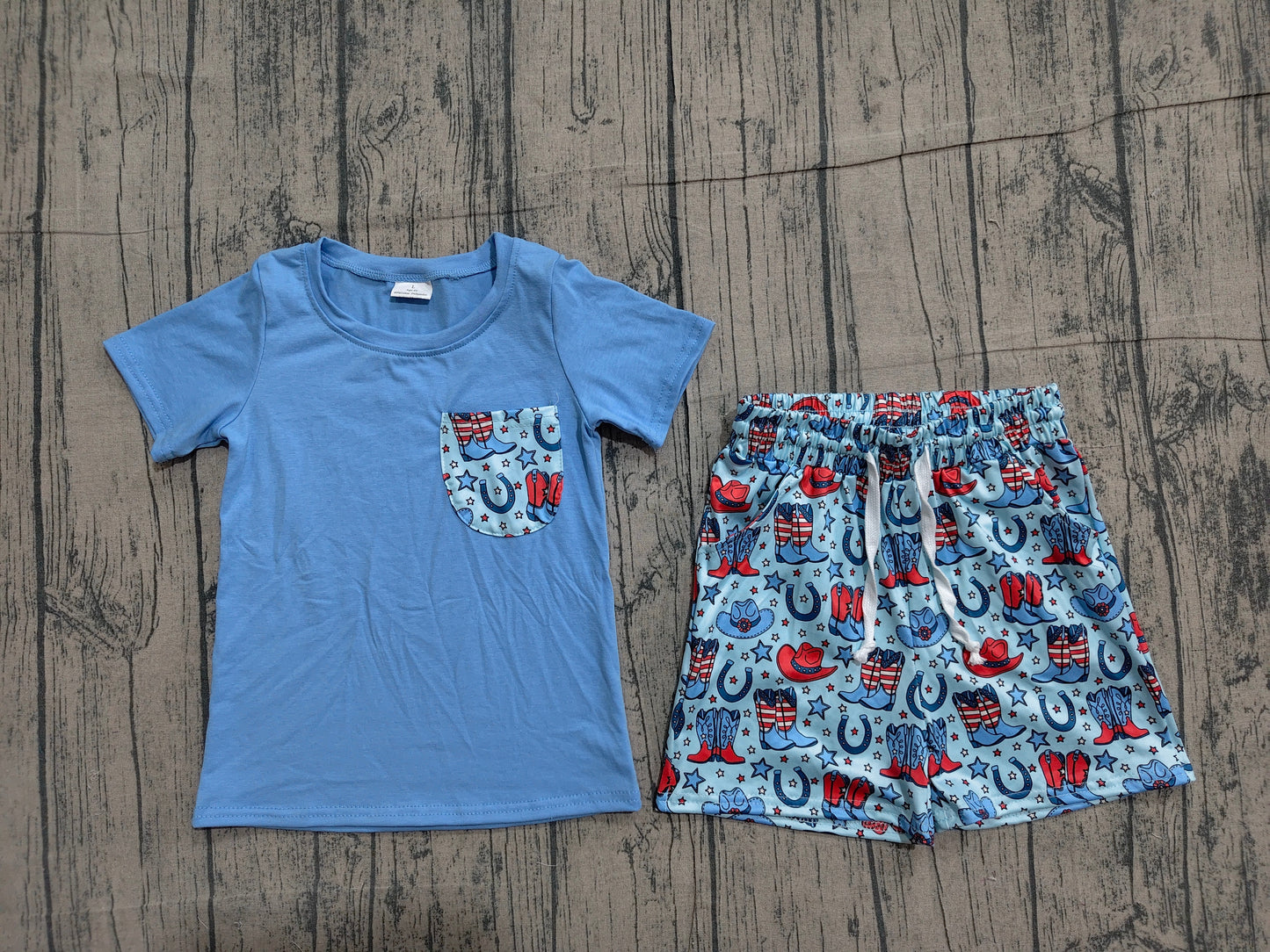 BSSO1829 Preorder Sample Baby Boys Pocket Shirts Stars Hats Boots Pockets Short 4th of July Western Clothes