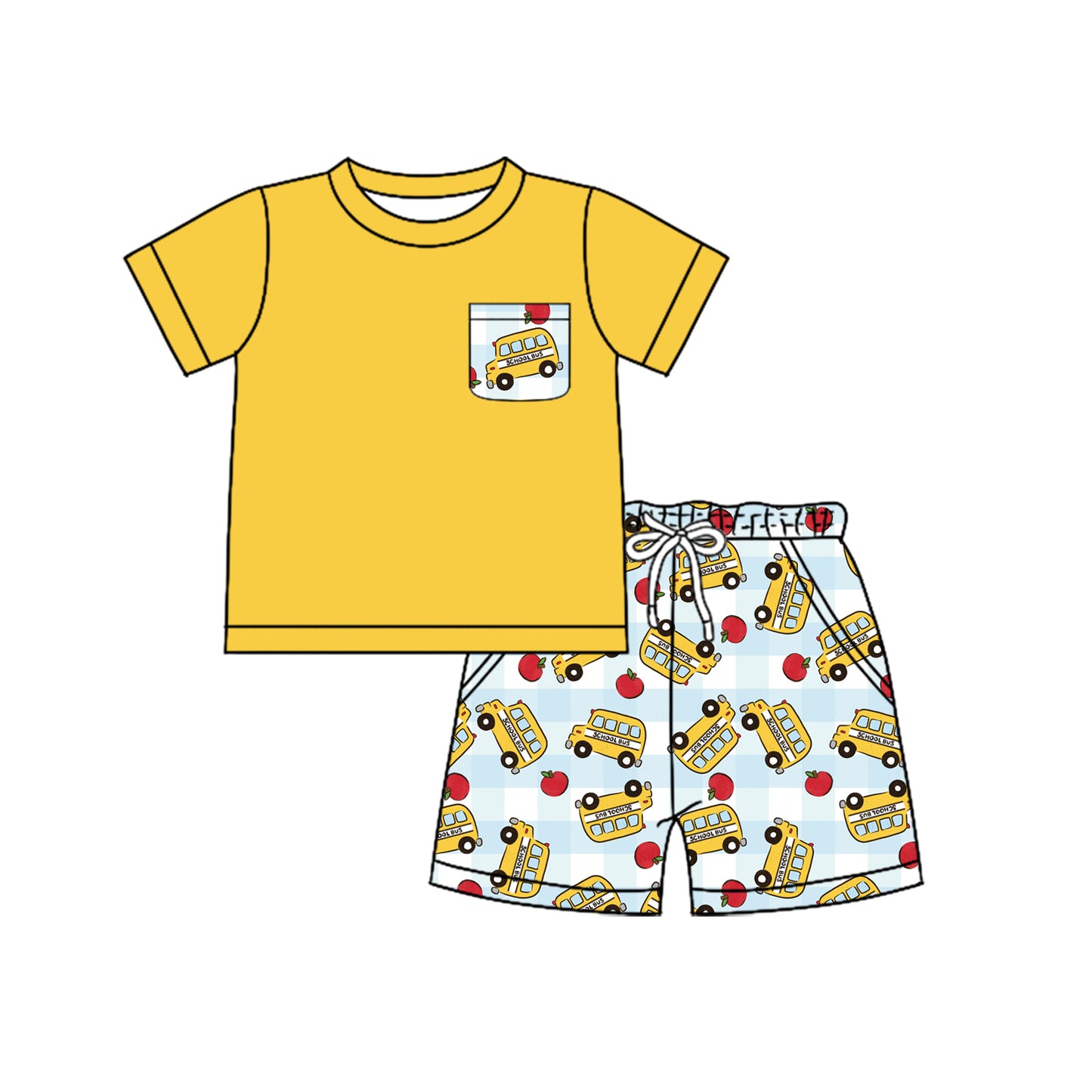 Pre-order no moq BSSO1830 pre-order baby boy clothes bus yellow short sleeve summer outfit-25.12.30
