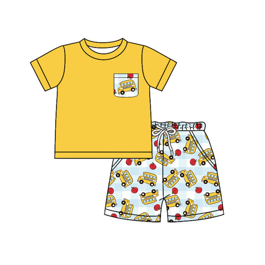 Pre-order no moq BSSO1830 pre-order baby boy clothes bus yellow short sleeve summer outfit-25.12.30