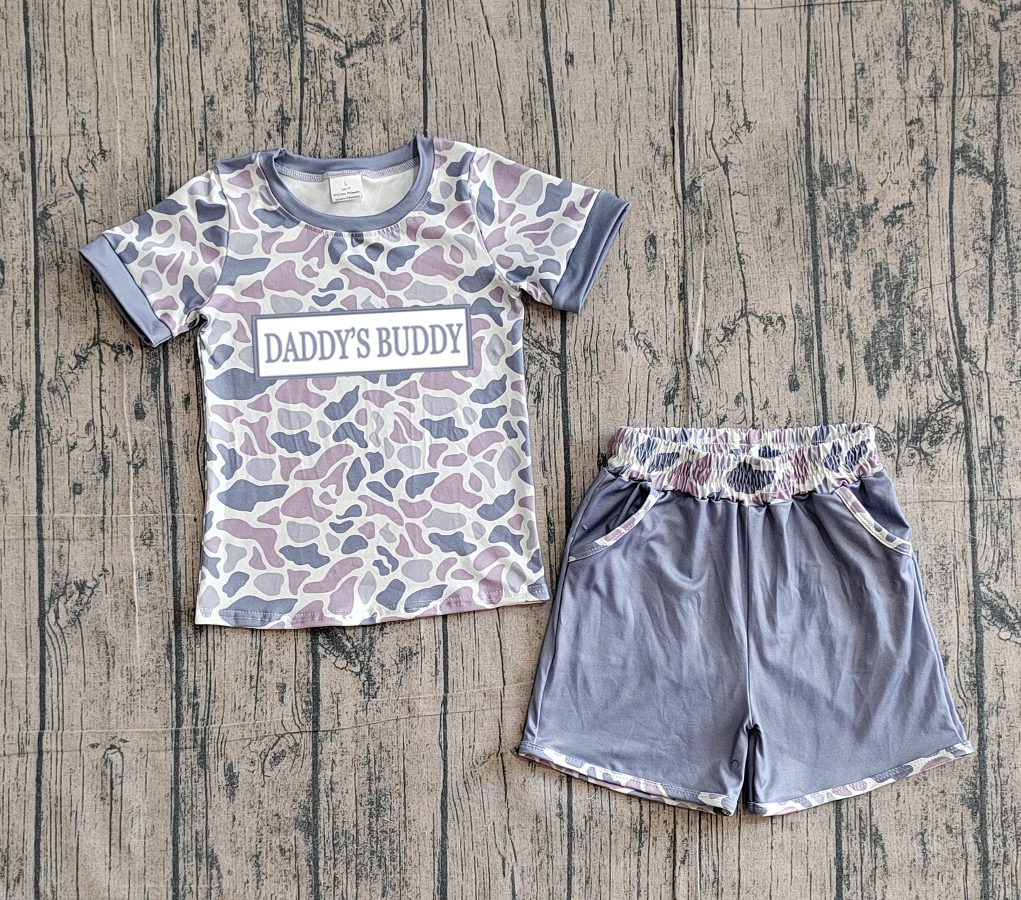 BSSO1838 Preorder Sample Embroidery Daddy's Buddy Light Grey Camo Top Pockets Shorts Clothes Sets