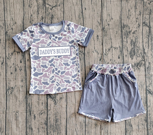 BSSO1838 Preorder Sample Embroidery Daddy's Buddy Light Grey Camo Top Pockets Shorts Clothes Sets