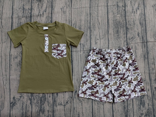 BSSO1856 Preorder Sample Baby Boy Olive Button Pocket Top Ducks Camo Shorts Hunting Clothes Sets