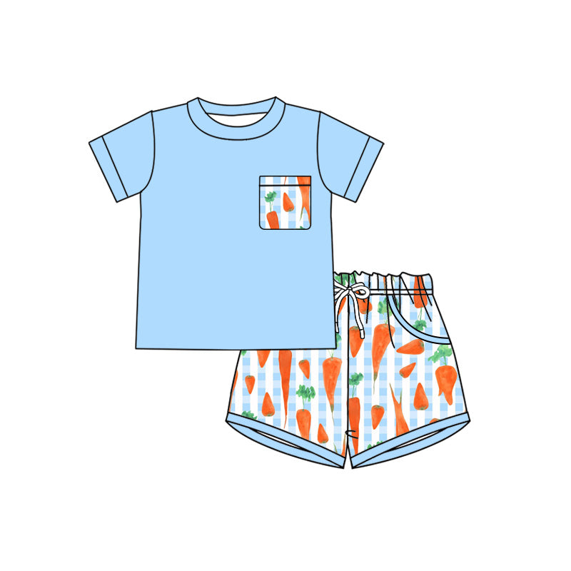 Pre-order no moq BSSO1872 pre-order baby boy clothes summer carrot blue short sleeve shorts sets-26.1.12