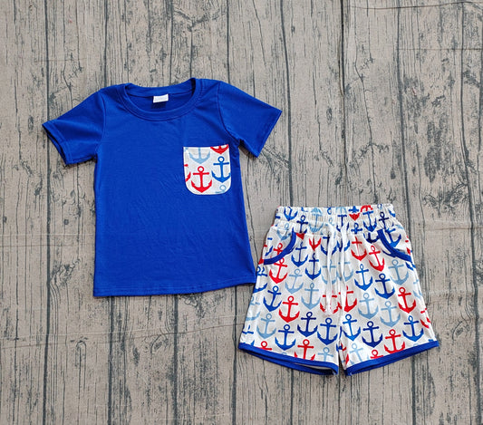 BSSO1874 Preorder Sample Baby Boy Navy Shirt Top Boats Pocket Shorts Clothes Sets