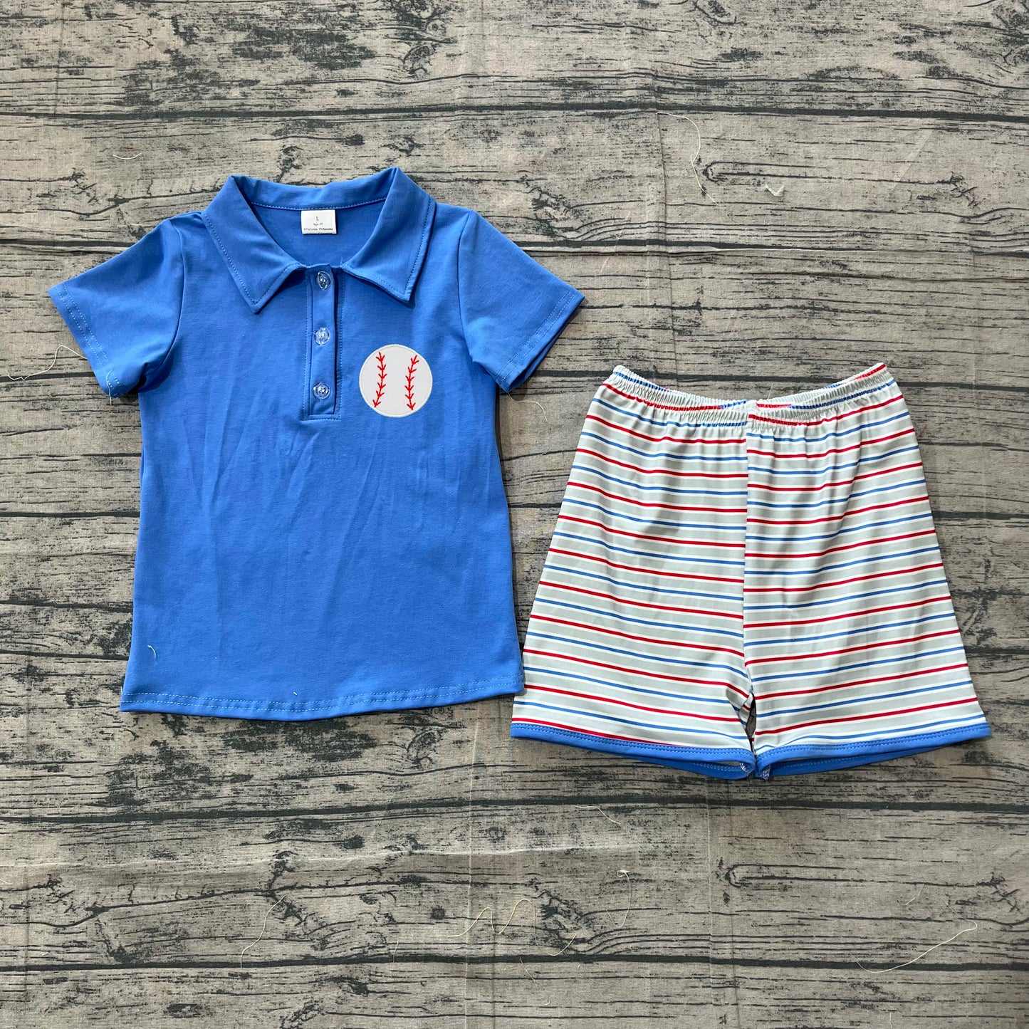 BSSO1877 Preorder Sample Embroidery Baseballs Baby Boy Blue Button Top Stripe Shorts Team Clothes Sets