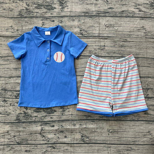 BSSO1877 Preorder Sample Embroidery Baseballs Baby Boy Blue Button Top Stripe Shorts Team Clothes Sets