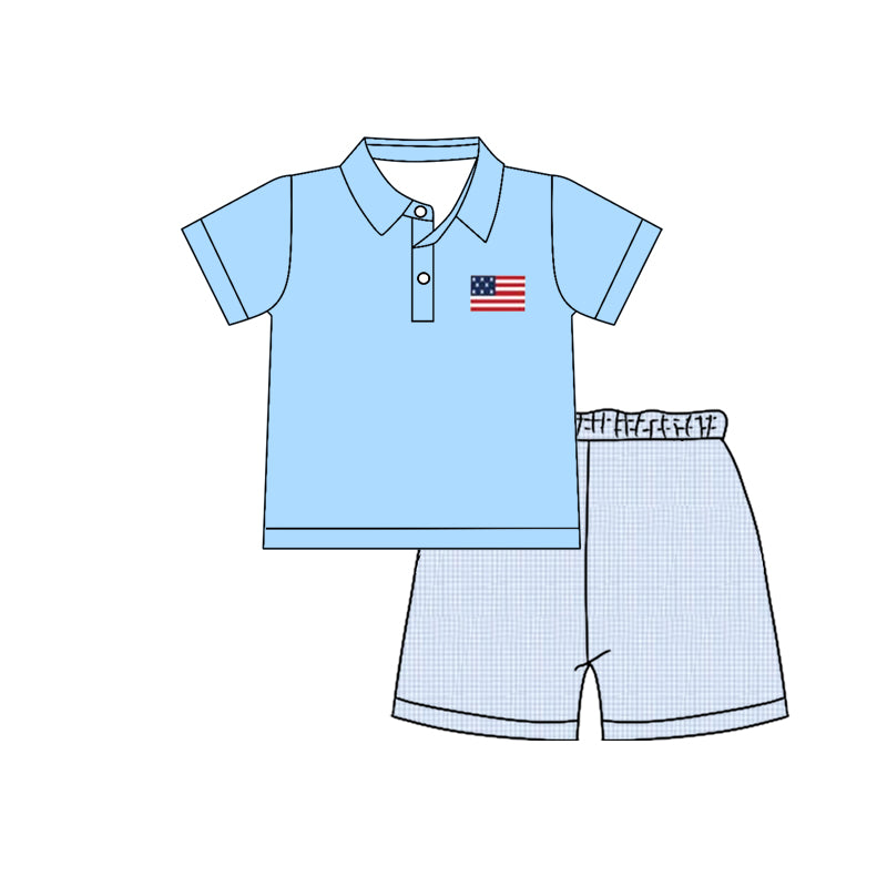 Pre-order no moq BSSO1879 pre-order baby boy clothes summer flag blue short sleeve shorts sets-26.1.14