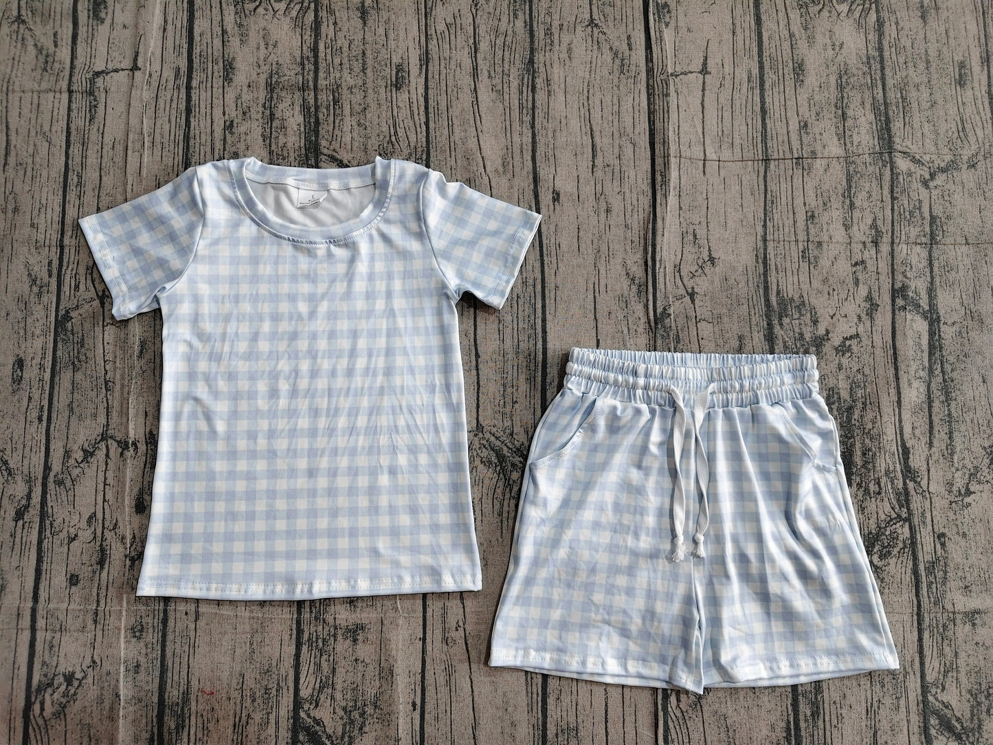 BSSO1896 Preorder Sample Baby Boy Light Blue Checked Top Pockets Shorts Clothes Sets