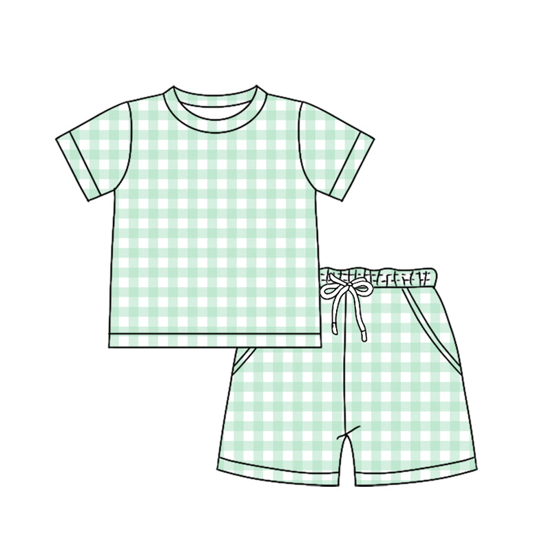 Pre-order no moq BSSO1898 pre-order baby boy clothes green plaid short sleeve shorts summer outfit-26.1.16