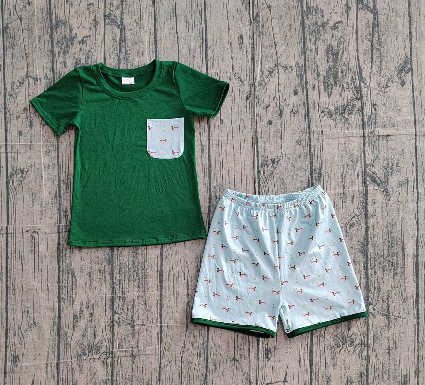 BSSO1899 Preorder Sample Baby Boy Dark Green Ducks Pocket Top Shorts Hunting Clothes Sets