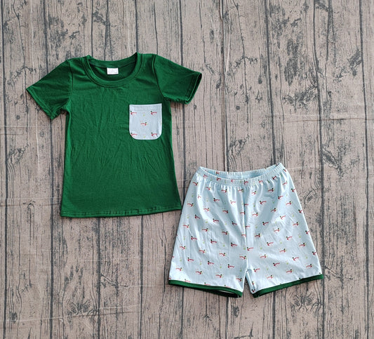 BSSO1899 Preorder Sample Baby Boy Dark Green Ducks Pocket Top Shorts Hunting Clothes Sets
