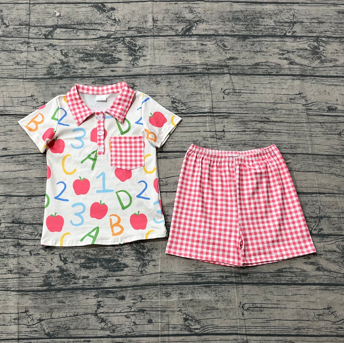 BSSO1913 Preorder Sample Baby Boy Apples ABC Pocket Button Top Checked Shorts Back to School Sets