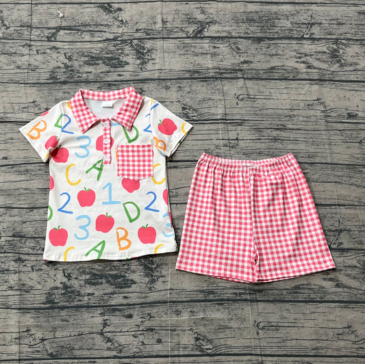 BSSO1913 Preorder Sample Baby Boy Apples ABC Pocket Button Top Checked Shorts Back to School Sets