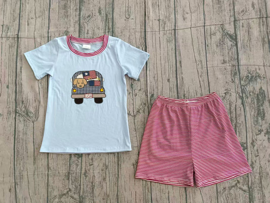 BSSO1918 Preorder IRL Baby Boy Embroidery Dog Flag Trucks Top Stripe Shorts 4th of July Clothes Sets