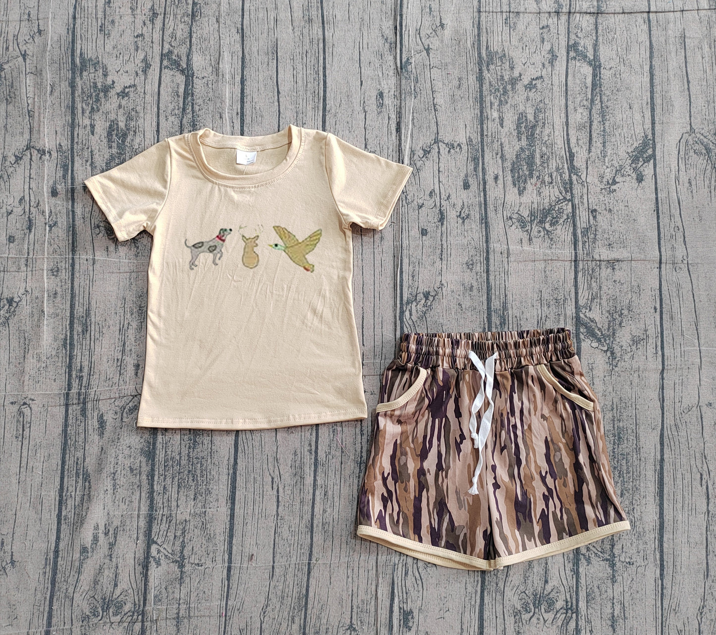 BSSO1927 Preorder IRL Baby Boy Embroidery Dog Ducks Deer Top Olive Camo Pockets Shorts Hunting Sets