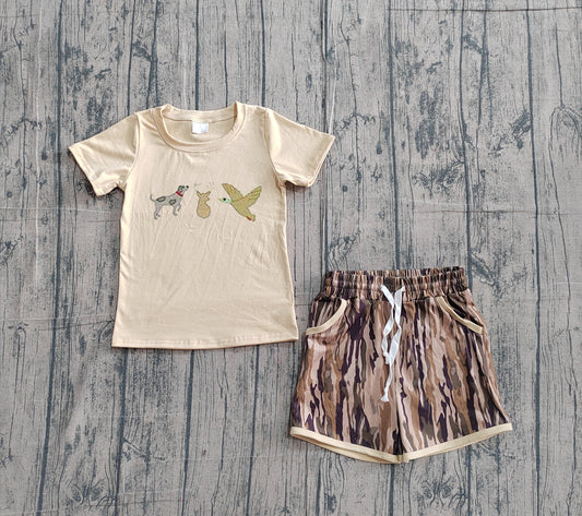 BSSO1927 Preorder IRL Baby Boy Embroidery Dog Ducks Deer Top Olive Camo Pockets Shorts Hunting Sets
