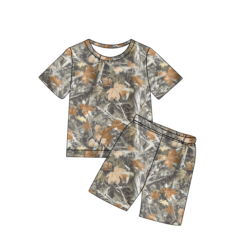 BSSO1930 Preorder Baby Boy Southern Leaves Camo Top Shorts Hunting Pajamas Clothes Sets