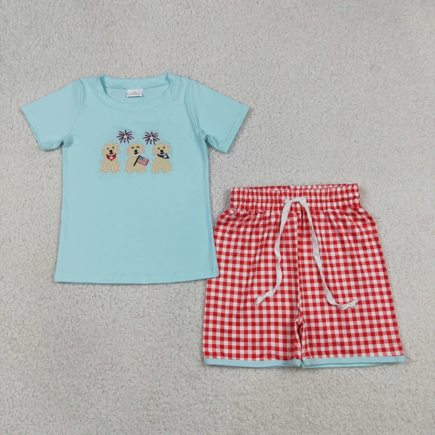 BSSO1934 Embroidery Flag Dogs Baby Boys Top Checked Shorts 4th of July Clothes Sets