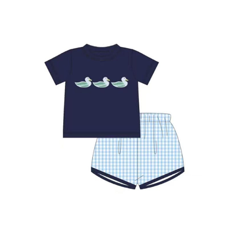 BSSO1938 Preorder Baby Boy Navy Ducks Top Checked Short Hunting Clothes Sets