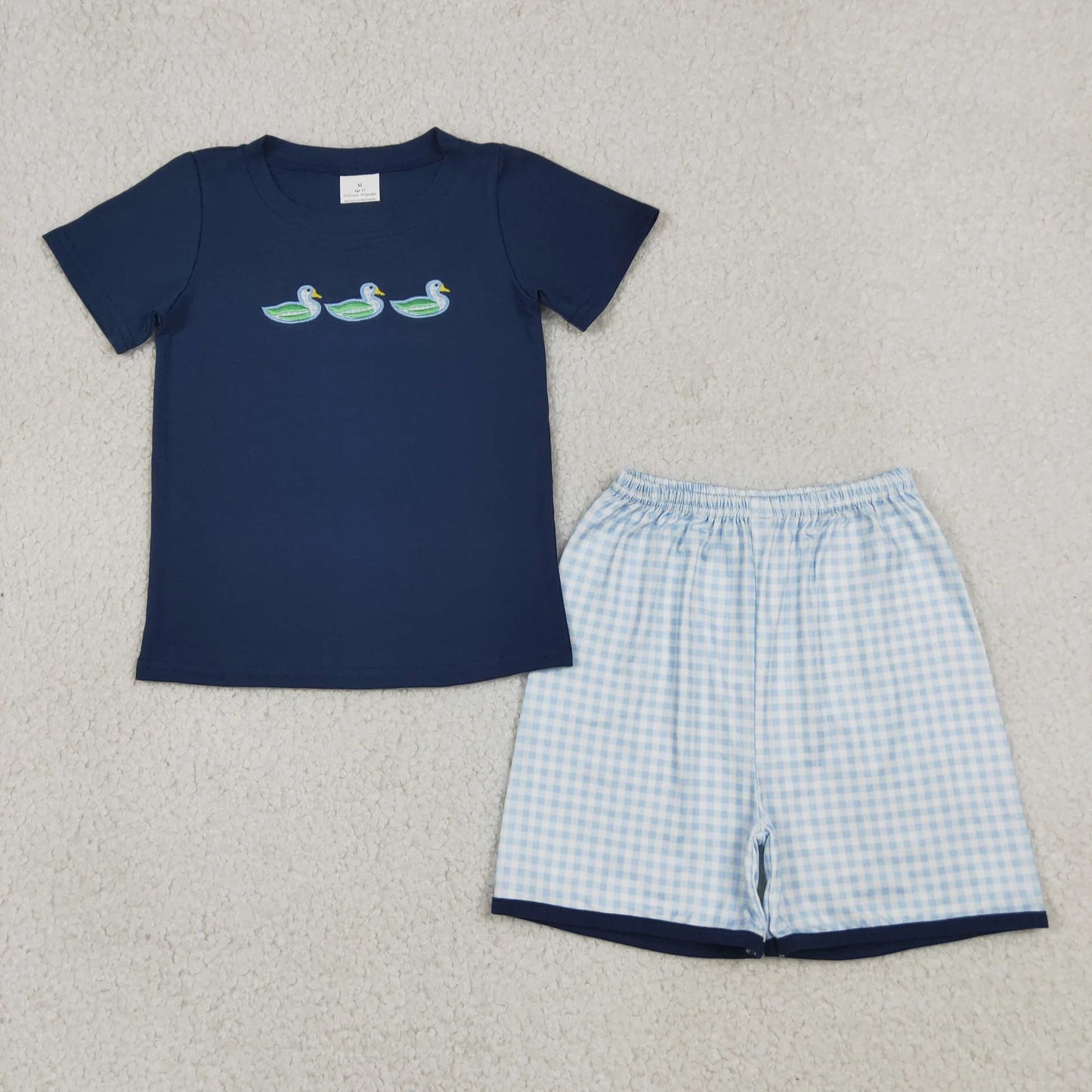 BSSO1938 Baby Boy Navy Ducks Top Checked Short Hunting Clothes Sets