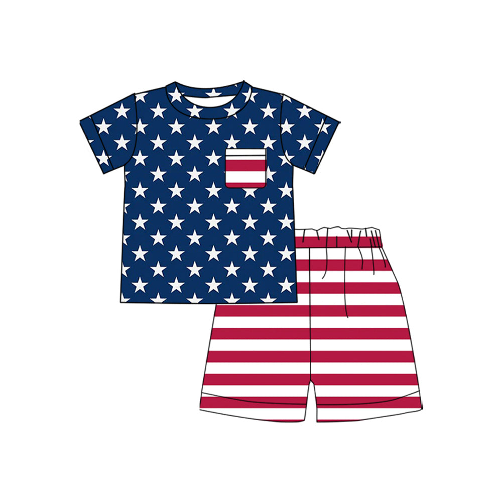 BSSO1941 Preorder Baby Boy Stars Pocket Top Stripe Short 4th of July Clothes Sets