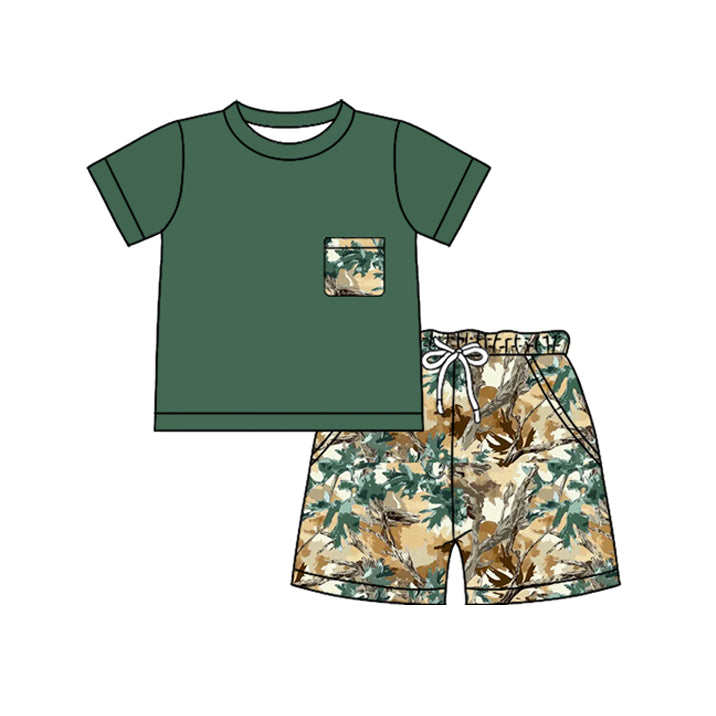 BSSO1956 Preorder Baby Boy Green Leaves Camo Top Pockets Short Clothes Sets
