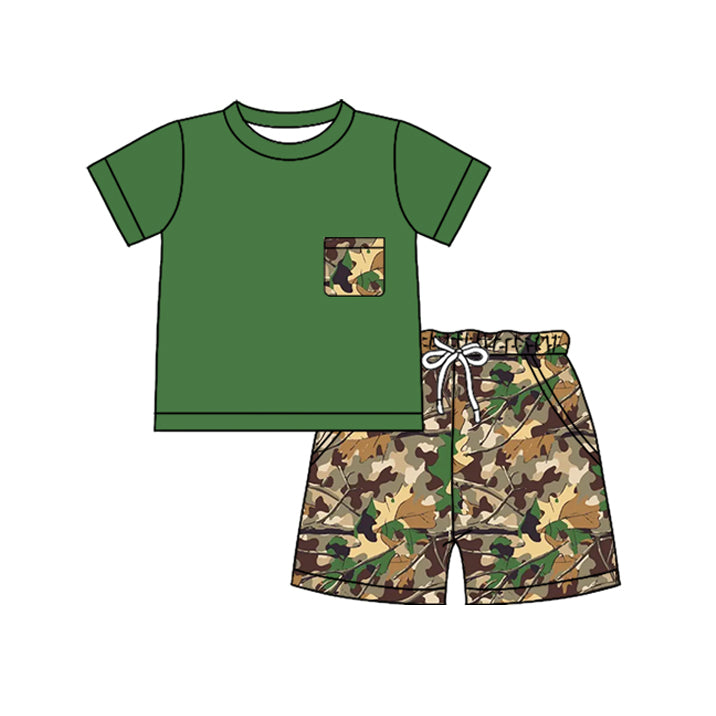 BSSO1957 Preorder Baby Boy Green Leaves Camo Top Pockets Short Clothes Sets