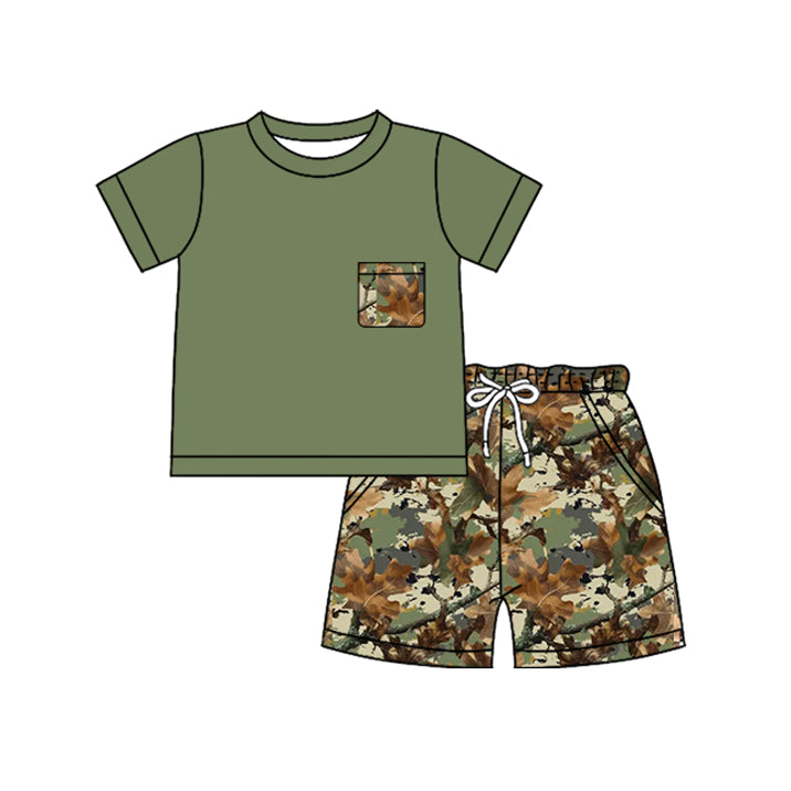 BSSO1958 Preorder Baby Boy Green Leaves Camo Top Pockets Short Clothes Sets