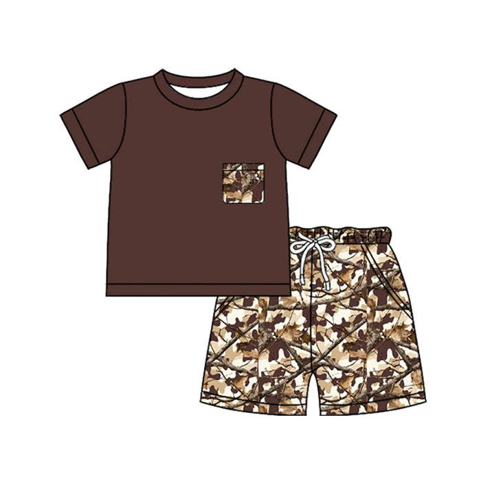BSSO1959 Preorder Baby Boy Brown Leaves Camo Top Pockets Short Clothes Sets
