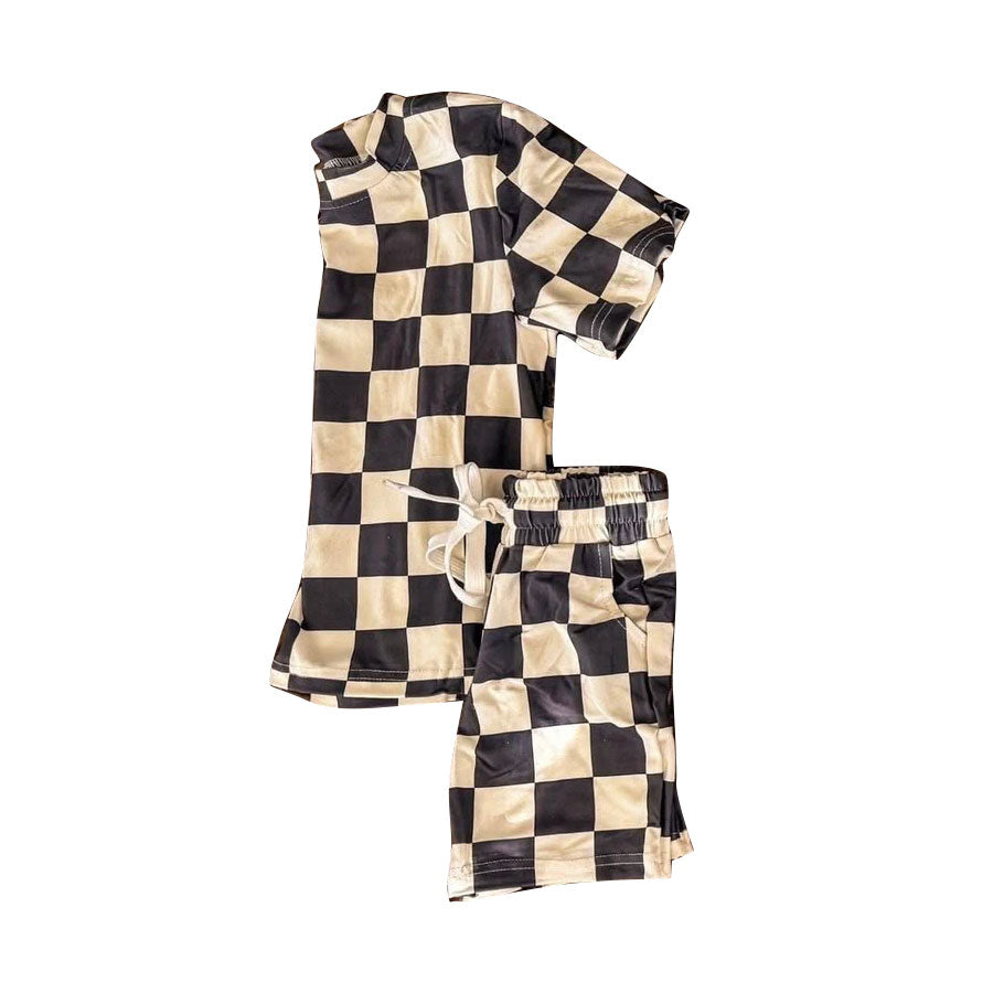 BSSO1961 Preorder Baby Boy Black White Checked Top Pockets Shorts Clothes Sets