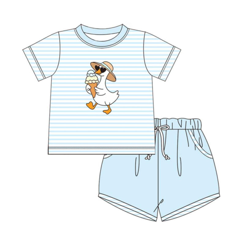 BSSO1966 Preorder Baby Boy Duck Ice Cream Stripes Top Pockets Shorts Clothes Sets