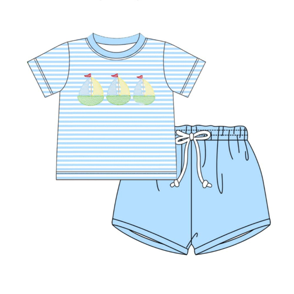 BSSO1967 Preorder Baby Boy Sailboat Stripes Top Pockets Shorts Clothes Sets