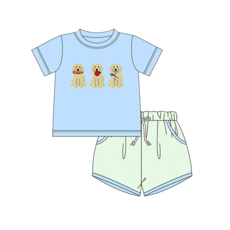 BSSO1970 Preorder Baby Boy Back to School Dog Pencil Top Stripes Pockets Shorts Clothes Sets