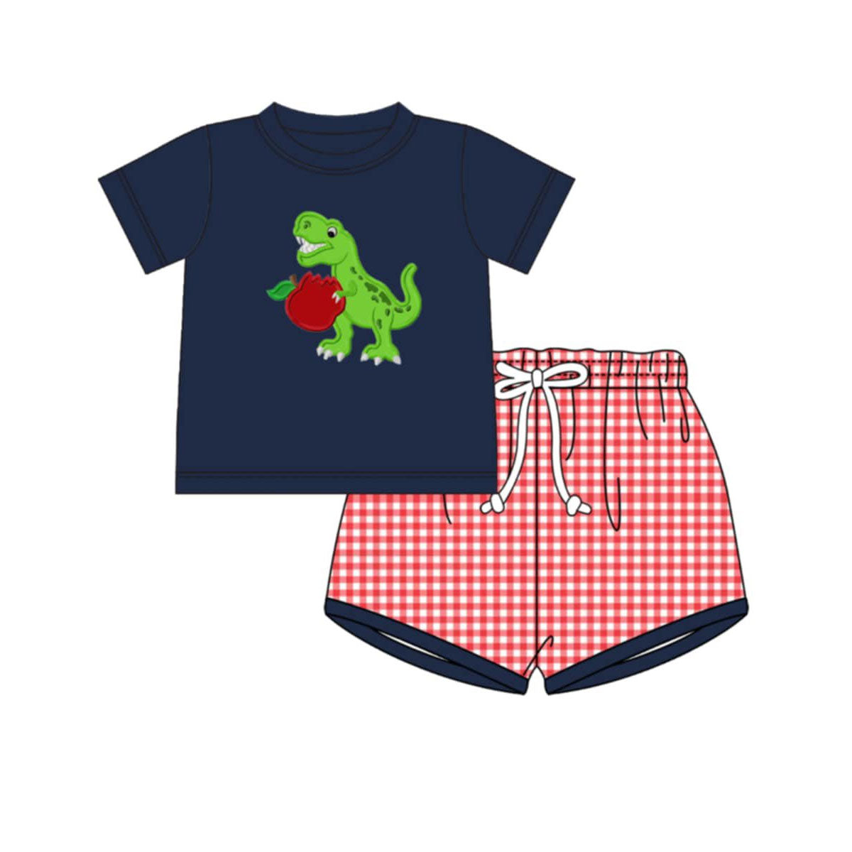 BSSO1972 Preorder Baby Boy Back to School Dinosaur Apple Top Plaid Pockets Shorts Clothes Sets