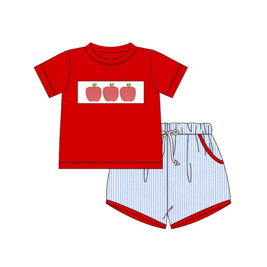BSSO1974 Preorder Baby Boy Apple Top Stripe Short Back to School Clothes Sets