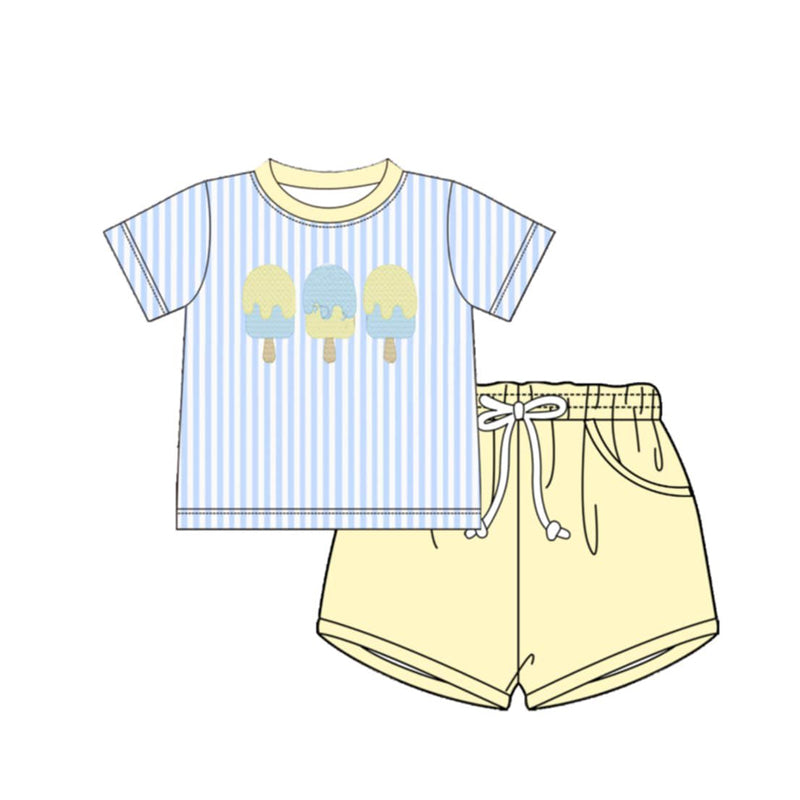 BSSO1975 Preorder Baby Boy Blue Stripe Popsicle Top Pockets Short Clothes Sets
