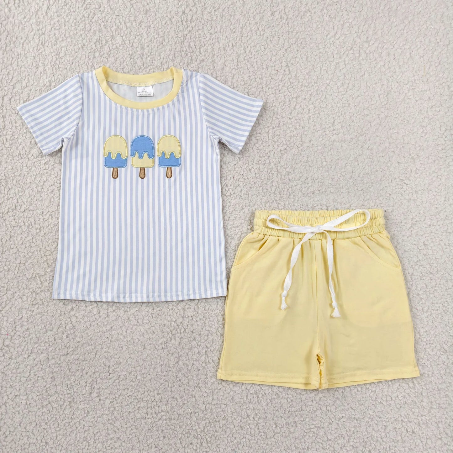 BSSO1975 Preorder Baby Boy Blue Stripe Popsicle Top Pockets Short Clothes Sets