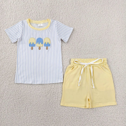BSSO1975 Preorder Baby Boy Blue Stripe Popsicle Top Pockets Short Clothes Sets