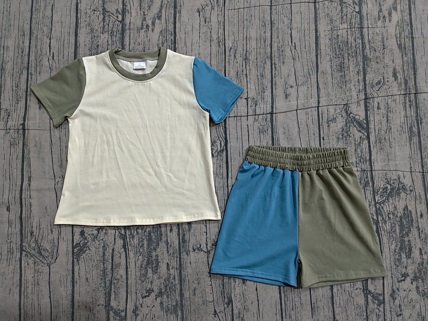 BSSO1976 Preorder Sample Baby Boy Grey Blue Patchwork Top Short Pajamas Clothes Sets