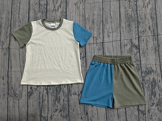 BSSO1976 Preorder Sample Baby Boy Grey Blue Patchwork Top Short Pajamas Clothes Sets