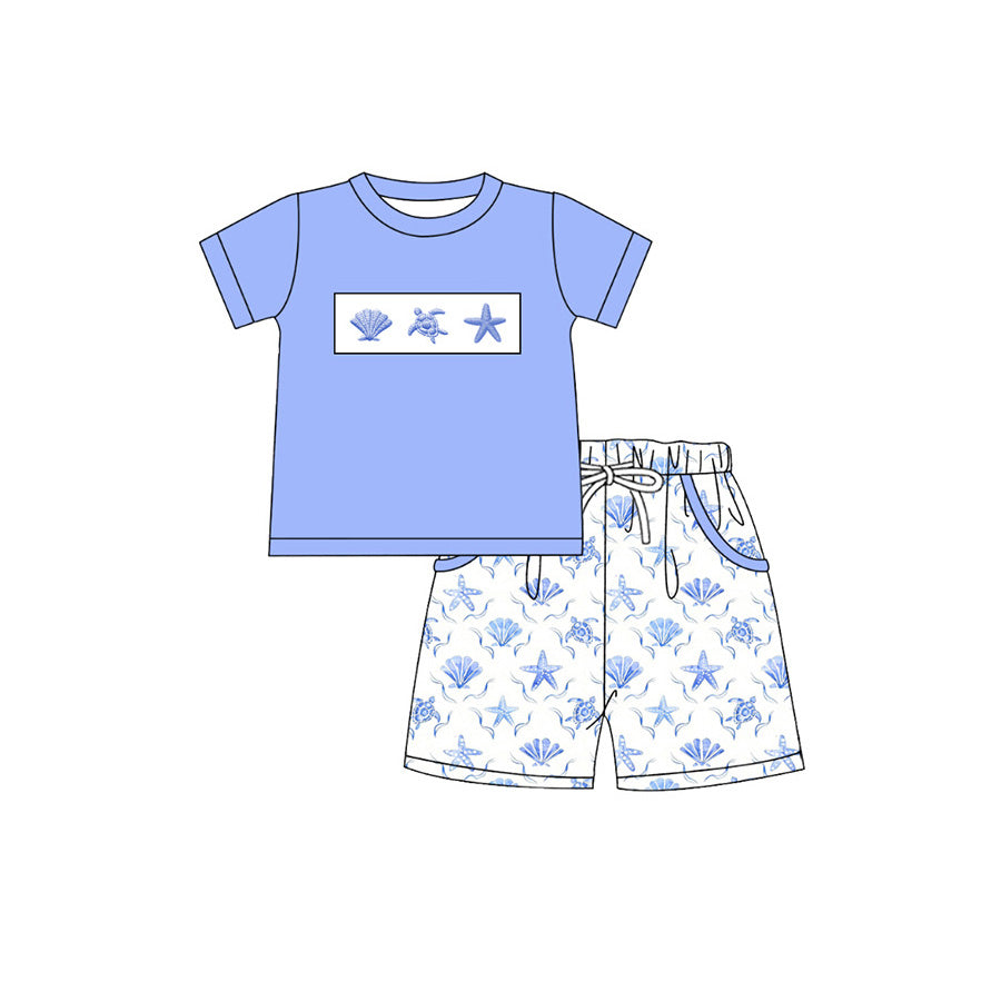 BSSO1979 Preorder Baby Boys Shell Starfishes Shirts Top Pockets Short Clothes Sets